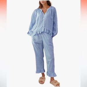 Flygo Women’s Blue Gingham Ruffle Detail Cotton Pajama Lounge Set NWT